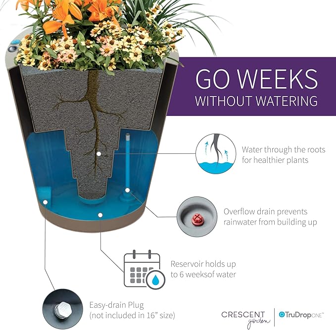 Crescent Garden Dot TruDrop Indoor/Outdoor Planter, Self-Watering Plant Pot, 20 Inches, (Ash)