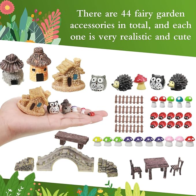 58 Pcs Mini Garden Accessories Set Fairy Village Miniature Fairy House Starter Kit Mini Terrarium Figurines Micro Landscape Mixed Model Tree Diorama Supplies for DIY Succulent Dollhouse Craft