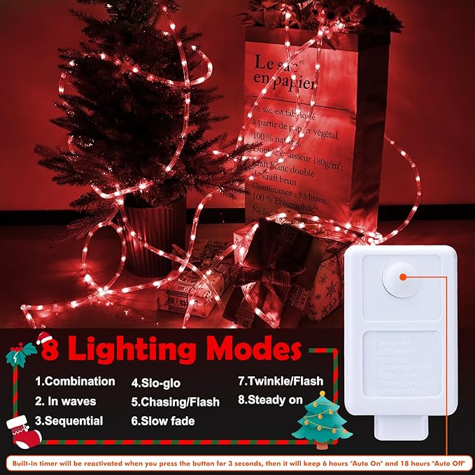50ft LED Rope Lights Outdoor, 360 LED Connectable and Flexible Tube Lights with 8 Modes, Waterproof LED Rope Lighting for Garden, Patio, Pool, Bedroom, Party, Indoor Outdoor Christmas Decoration (Red)