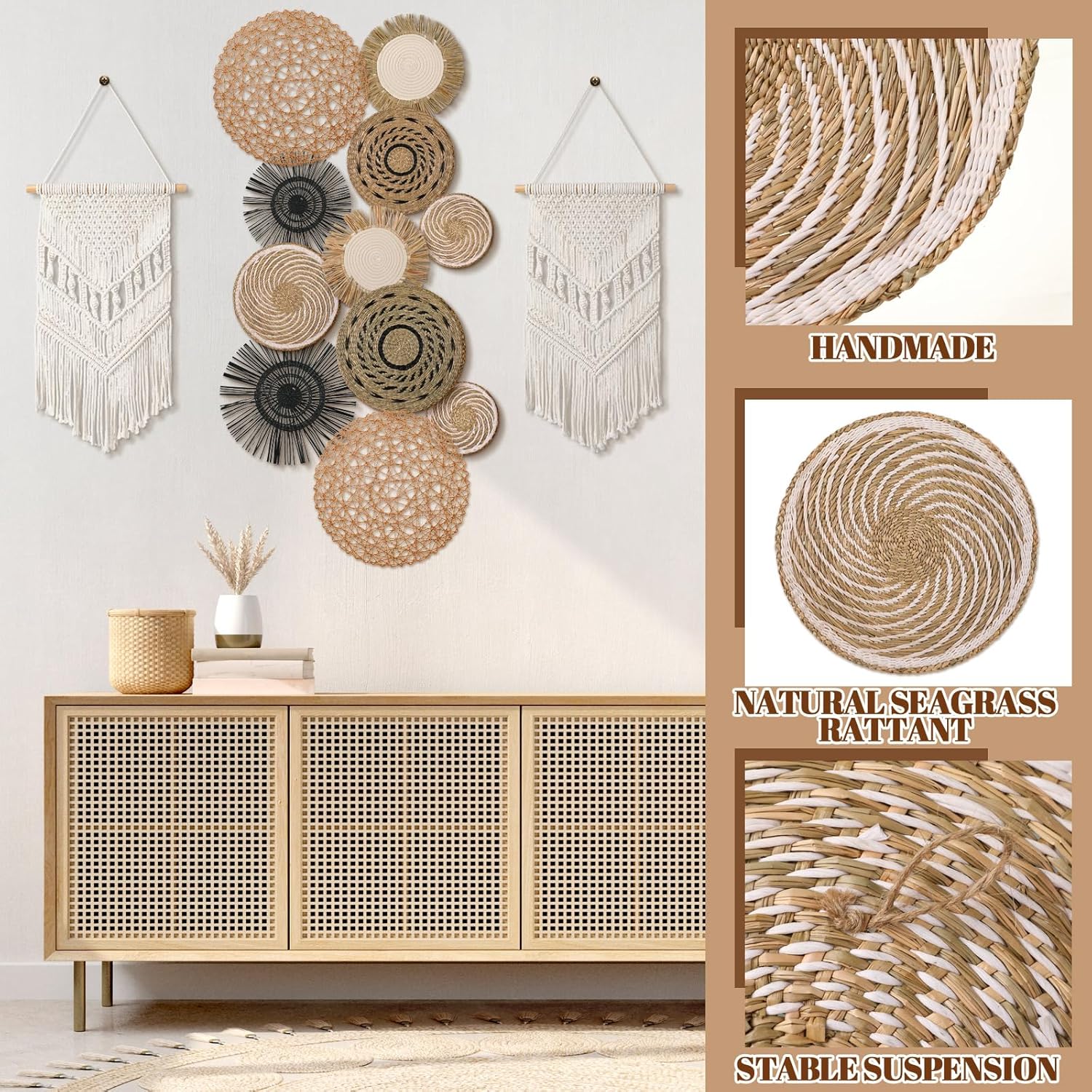 Tatuo 11 Pcs Boho Wall Basket Decor Decorative Bulrush Woven Basket Wall Decor Art Round Farmhouse Hanging Baskets for Kitchen Rustic Home Summer Decorations, Multi Sizes(Flower)