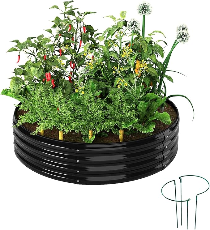 Galvanized Metal Planter Round Raised Garden Bed Kit for Gardening Outdoor，2x2x1ft Grow Garden Box Raised Flower Bed，Round Galvanized Planter Outdoor Metal Fire Pit Ring Black