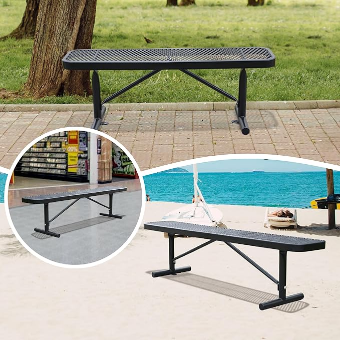 72" L Steel Flat Bench Garden Bench, Black Outdoor Park Bench Weather-Resistant Steel Metal, Patio Seating for Front Porch Backyard Park Outside, Metal Benches for Outside to dodrill to Ground