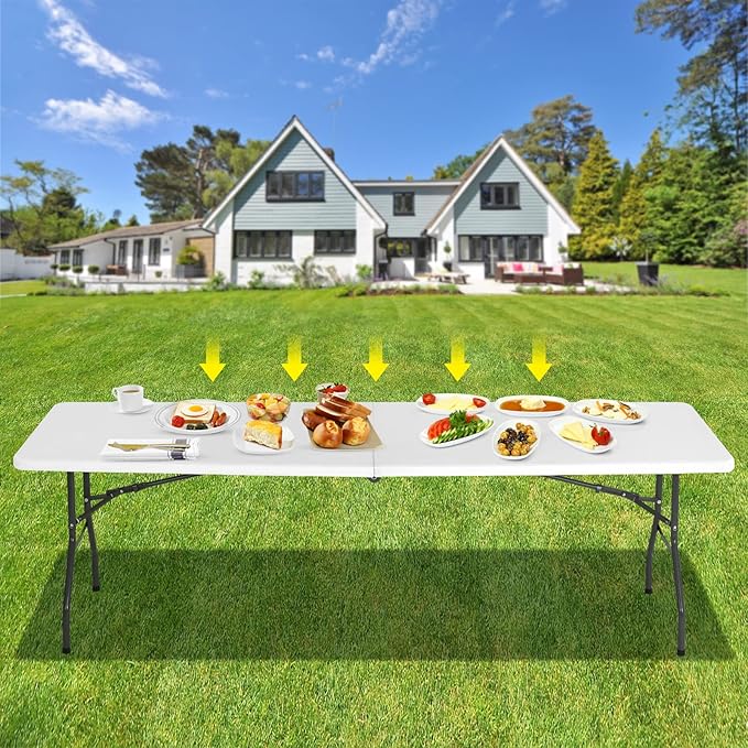 8FT Folding Table, Heavy Duty Foldable Table with Handle, Portable Fold-in-Half Utility Tables for Indoor & Outdoor Use Perfect for Camping BBQ Party Wedding Market Events, White