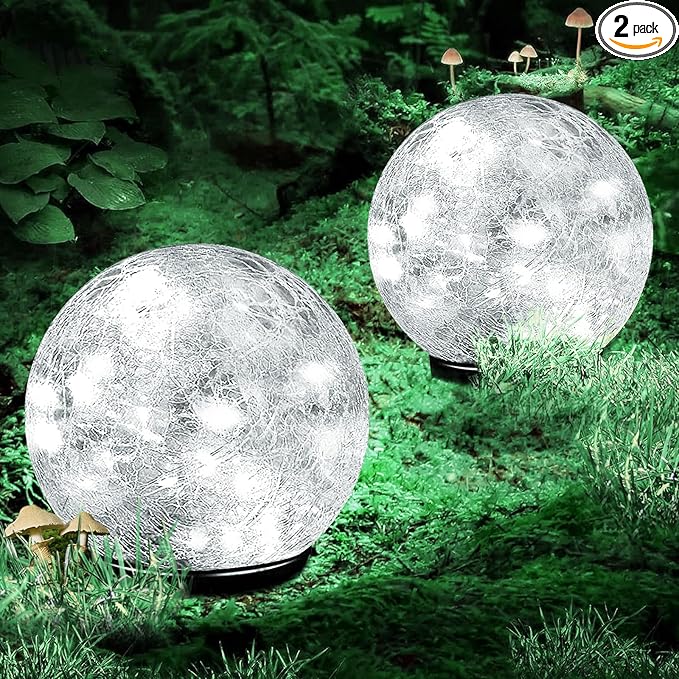 Garden Solar Ball Lights Outdoor Waterproof, 30 LED Cracked Glass Globe Solar Power Ground Lights for Path Yard Patio Lawn, Christmas Decoration Landscape White(2 Pack 3.9'')