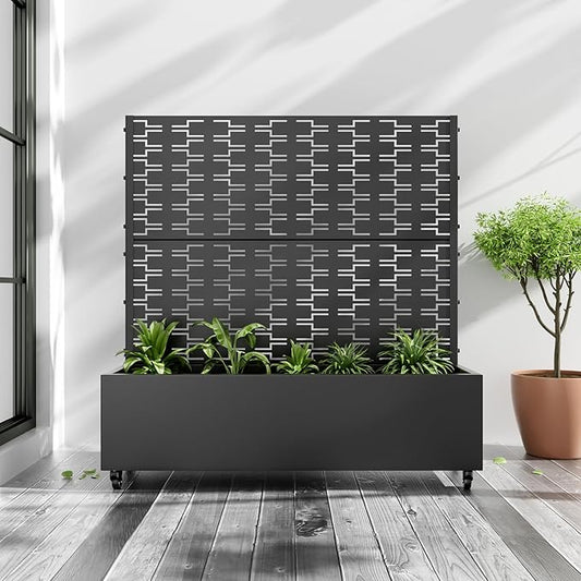 Casaphoria Metal Raised Garden Bed with Trellis and Wheels, 47"x47"x16" Planter Box for Climbing Plants, Vegetables & Vines, Features Drainage Holes and Privacy Screen (Black-Square)