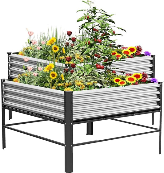 Doniks Raised Garden Bed with Legs, 48×48×32in Large Outdoor Metal Galvanized Garden Planting Box,1000lb Capacity for Vegetables Lawn Green Flowers, Fruits, Terrace