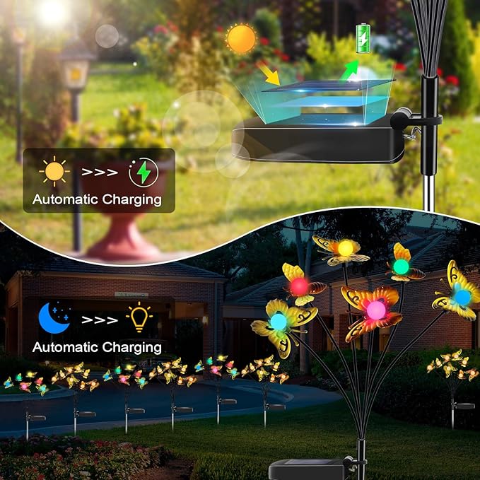 Butterfly Solar Garden Lights - Newest 12 LED Firefly Butterflies Bees Solar Outdoor Lights Swaying Butterfly Light for Yard Patio Pathway Decoration (Multi-Colour)