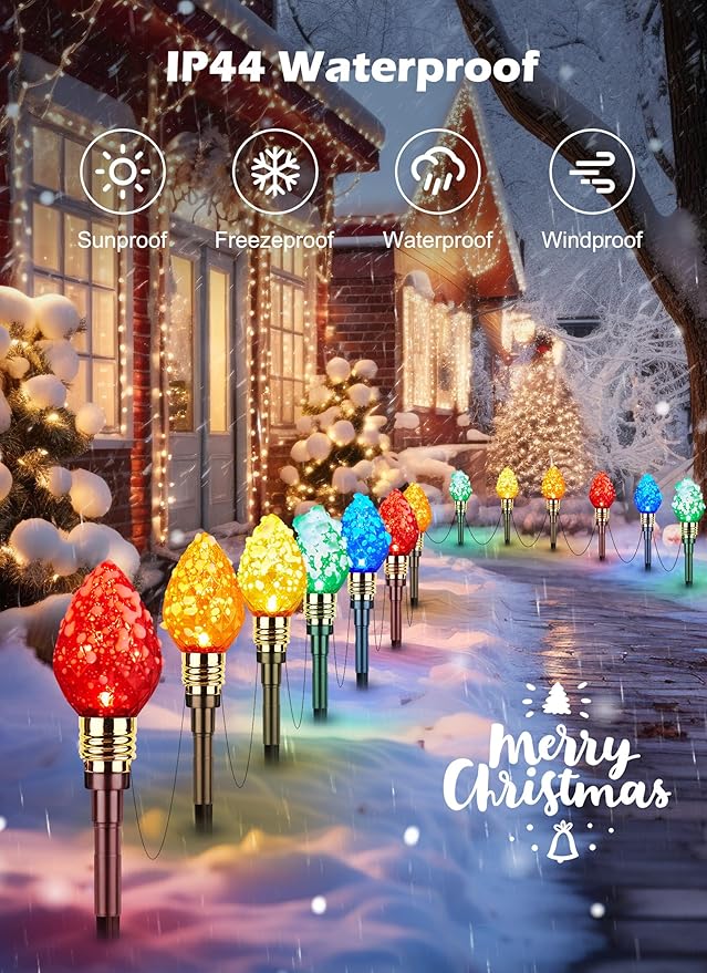 Brightown 4 Pack Strawberry C9 Christmas Pathway Lights Outdoor - Total 69.6 Feet 40 LED Christmas Walkway Lights,Colored Bulb Christmas Lights Outdoor Decorations for Lawn Holiday Outside, Multicolor