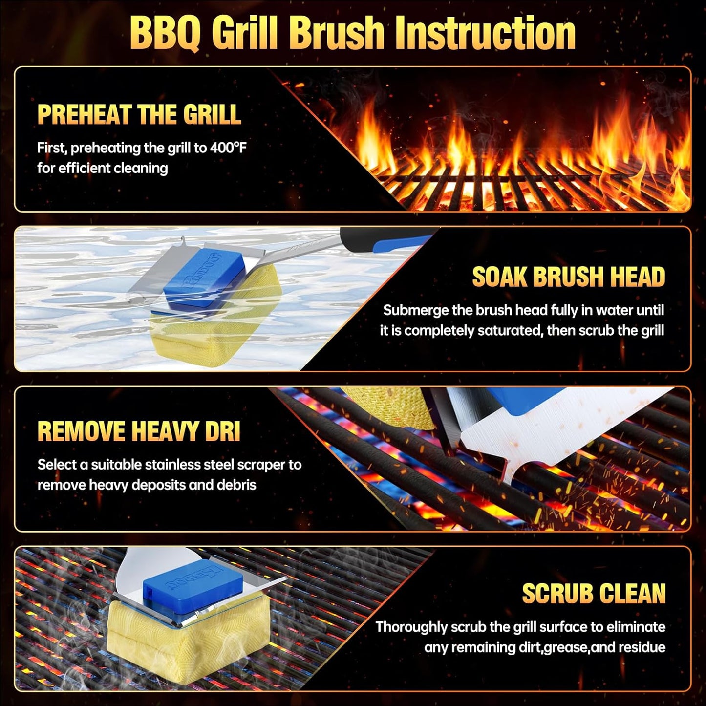 Grill Brush Bristle Free for Outdoor Grill, Steam Grill Cleaning Brush Replaceable BBQ Cleaner Brush Head,Extended Handle, Safe Grill Brush with Scraper for Cast Iron Stainless-Steel Grates, Blue