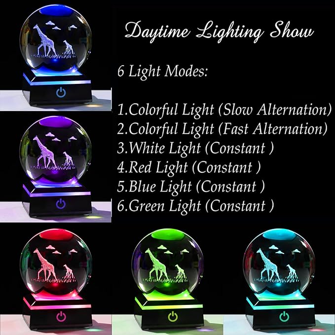 Giraffe Gifts for Women Men 3D Crystal Ball 3.14'' - Laser Giraffe Decor Glass Animals Figurines Statue Stuff for Room Night Light Giraffe Gifts for Mom