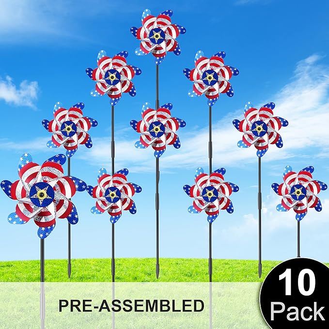 BATTIFE 10 Packs Patriotic Sparkly Reflective Pinwheels for Yard and Garden, American Flags Blinding Birds Pin Wheel Scare Birds & Animal Away, Wind Spinner for 4th of July
