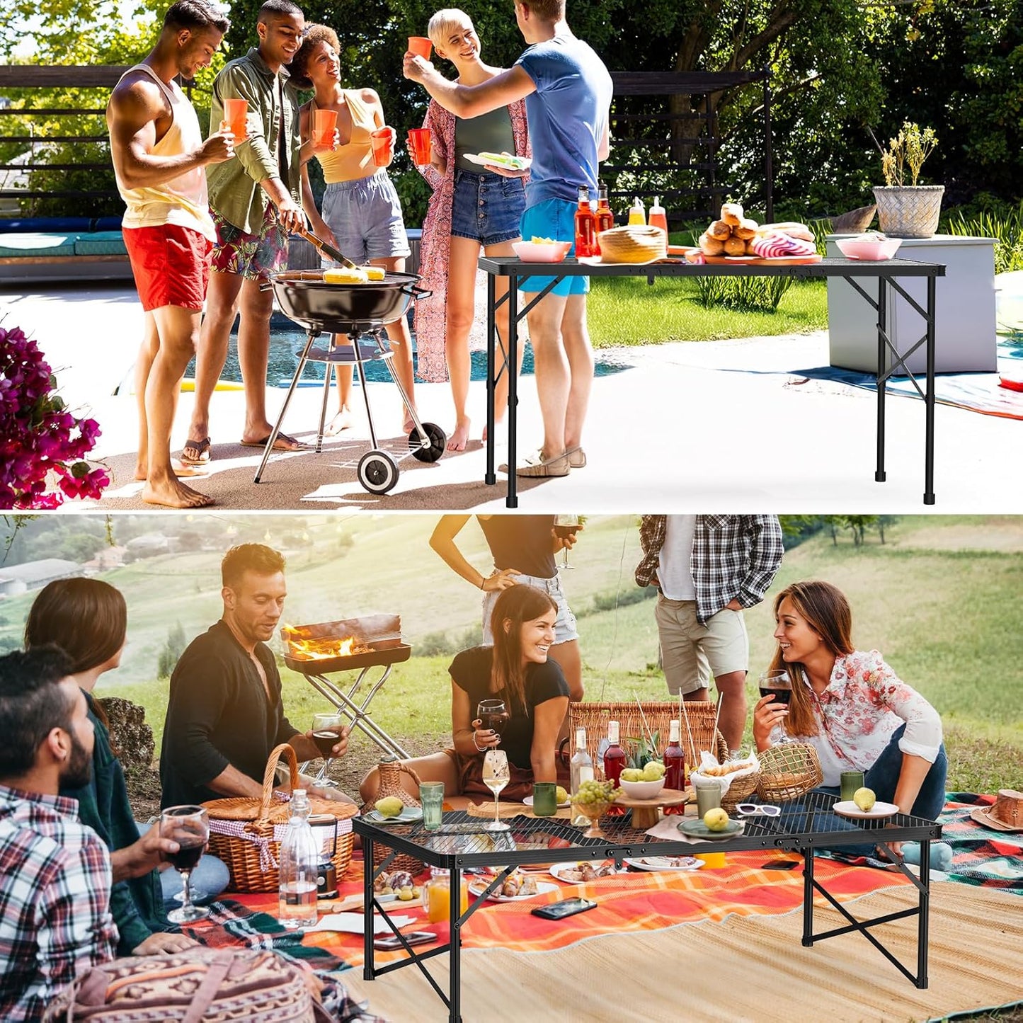 Folding Gril Table, 4x2 FT Camping Table with Mesh Desktop,Height Adjustable Folding Grill Table with Mesh Bag,Portable Outdoor for Picnic,Camping,BBQ,Beach(Black)