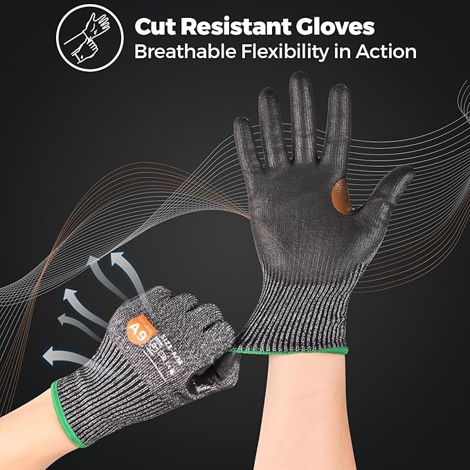 Donfri 3 Pairs A9 Cut Resistant Work Gloves for Men - Steel + HPPE Hybrid Safety Gloves for Men, ANSI Cut Level 9 Protection Flexible for Metal Glass Wood Construction Fishing