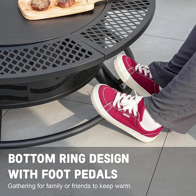 42 Inch Fire Pit with 2 Cooking Grates, Outdoor Wood Burning BBQ Grill Firepit Bowl with Cover Lid, Steel Round Table for Backyard Bonfire Patio Picnic (Black, 42)