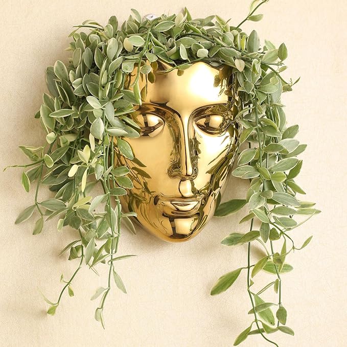 Face Vase,Ceramic Female Form Vase,Modern Sculpture Planter Pot,Human Face Dried Flower Shaped Vase,Wall Hanging Plant Pot for Home Decor Centerpieces, Office or Outdoor Hanging Decor Gold