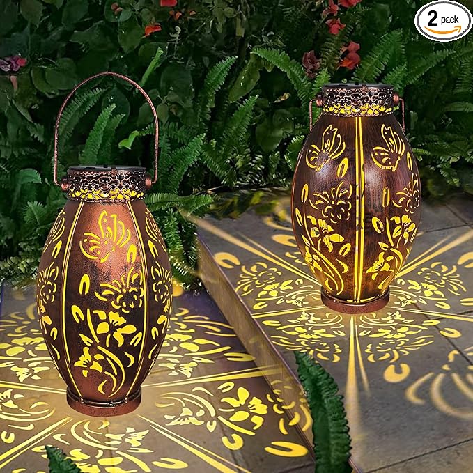 Butterfly Lantern 2 Pack Solar Lanterns Outdoor Hanging Solar Lights, Upgraded Metal Garden Lanterns - Waterproof LED Decorative Light for Garden Patio Yard Gifts for Mom Grandma Women