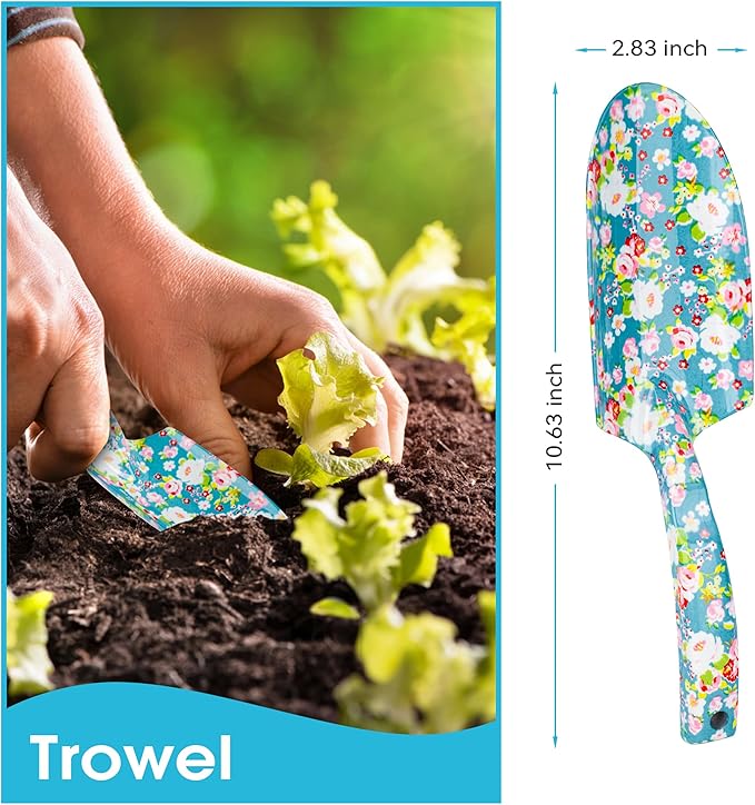 Garden Tool Set Gardening Hand Tools Kit, Floral Sturdy Garden Gifts, 4 PCS Heavy Duty Shovel Kit Including Trowel, Sharp Pruner, Hand Rake, and Mat (Blue Set)