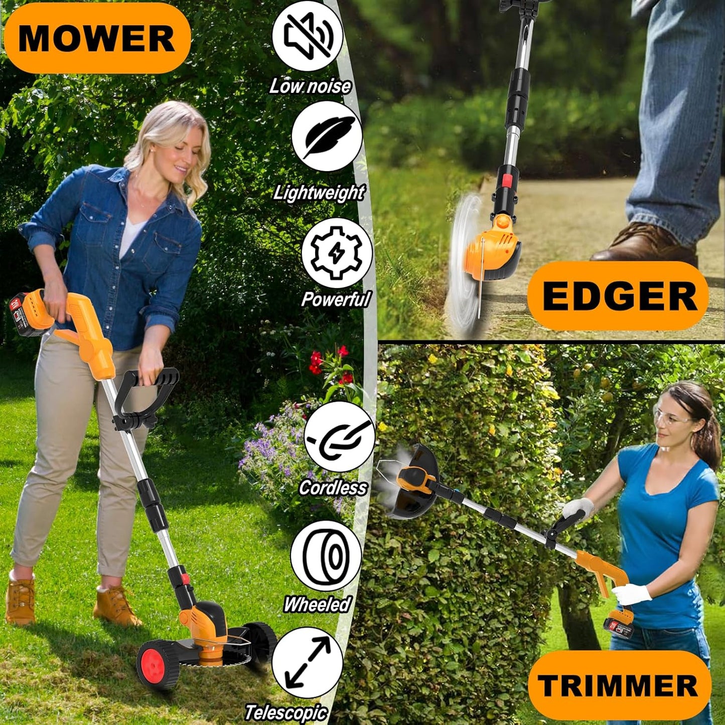 Electric Weed Wacker Cordless Battery Powered Eater,21V/4.0Ah Lightweight No-String Weed Trimmer with 2 Battery Operated& Wheels,3 in 1 Stringless Grass Trimmer/Edger/Brush Cutter for Garden Yard Lawn
