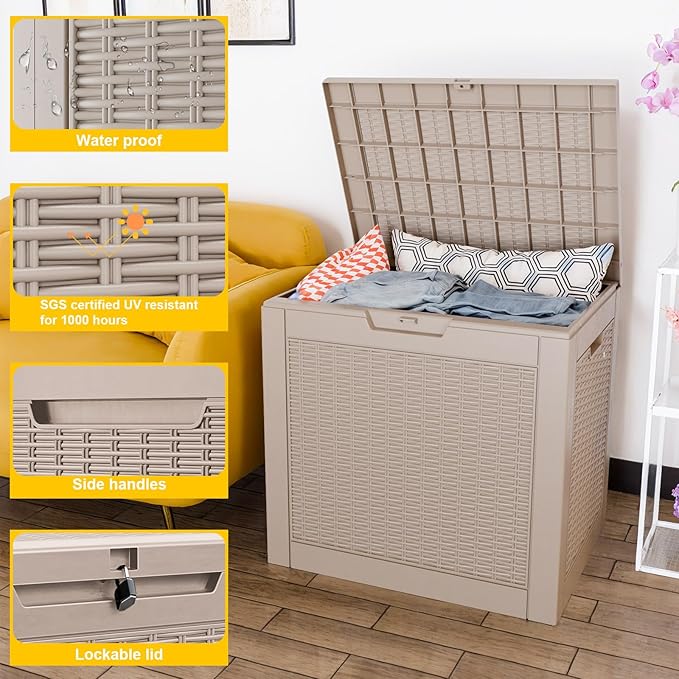 DRATO 31 Gallon Deck Box, Outdoor Storage Box for Patio Cushion, Sports Equipment, Garden Tools, Waterproof Resin Storage Box (Light Brown)