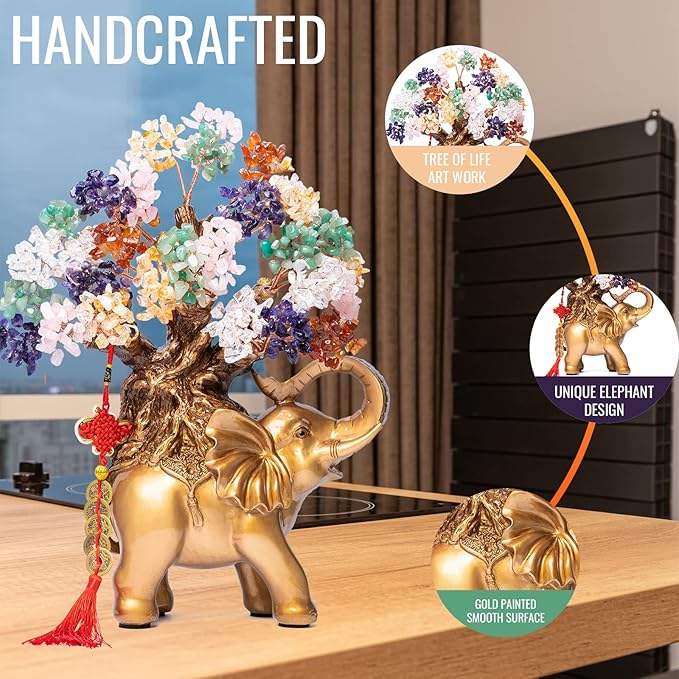 7 Chakra Crystal Money Tree on Gold Elephant Statue, 17”Large Gemstone Bonsai Tree of Life Home Décor Gifts for Wealth Positive Energy, Feng Shui Décor