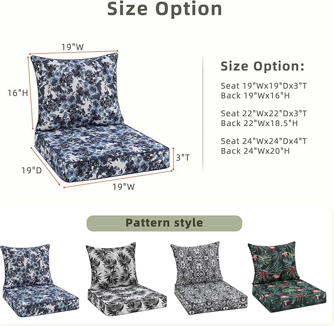Favoyard Outdoor Seat Cushion 19 x 19 x 3 in Waterproof Pattern Fade Resistant Cover Removable Patio Furniture Cushions Deep Seat & Back Cushion Set with Adjustable Straps for Patio Chair Sofa Couch