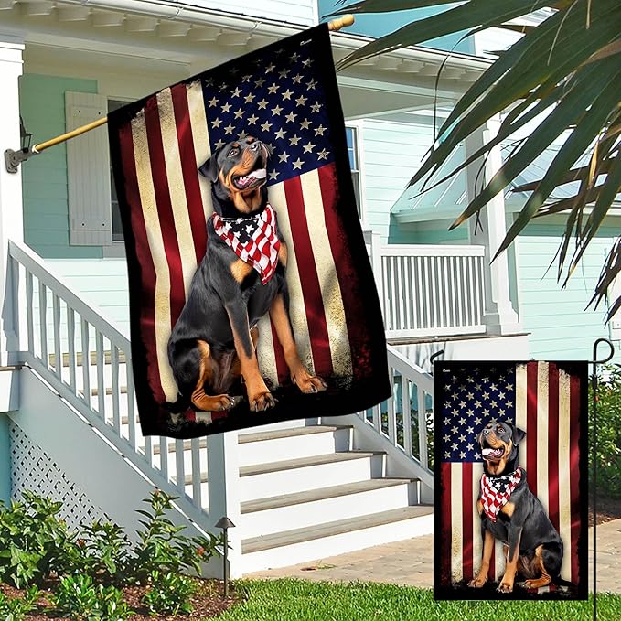 Flags-Rottweiler American Flag, House Flag (29.5" x 39.5")-USA House Garden Flags Premium Polyester-Decorative Outdoor Flags
