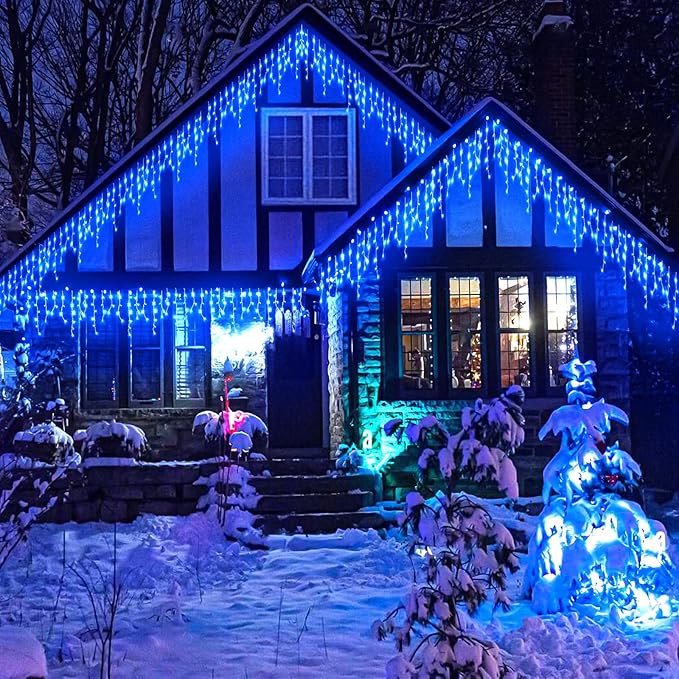 99ft Icicle Lights for Outside, Blue Christmas Lights Outdoor Indoor, 1216 LED Twinkle String Light with 228 Drops Short Curtain Lights for Thanksgiving Room Home Wall Bedroom Window Tree Decorations