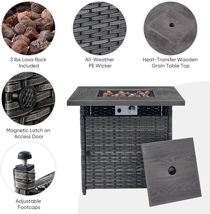 5 Pieces Patio Wicker Furniture Set - 4 Outdoor Swivel Rocker Glider Chairs with Propane Fire Pit Table, Patio Conversation Set Grey Cushion Perfect for Casual Gathering