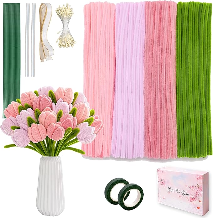 Upgraded 2026 Pipe Cleaners Craft Kit: 400-Piece DIY Flower Making Supplies with Exclusive Color Palette | Includes Chenille Stems, Floral Wire, Gardening Tape, Stamen & Ribbon for Kids Arts & Crafts