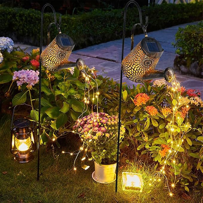 Glintoper 2 Pack Outdoor Solar Watering Can Garden Lights, Metal Waterfall Figurine Lights with Shepherd Hook, Decorative Yard Art for Mom, Mothers Day Ideal Gifts, for Patio Walkway Pathway Lawn