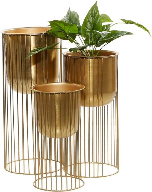 Deco 79 Metal Indoor Outdoor Planter Deep Recessed Dome Large Planter Pot with Elevated Caged Stand, Set of 3 Planters 24", 20", 16"H, Gold