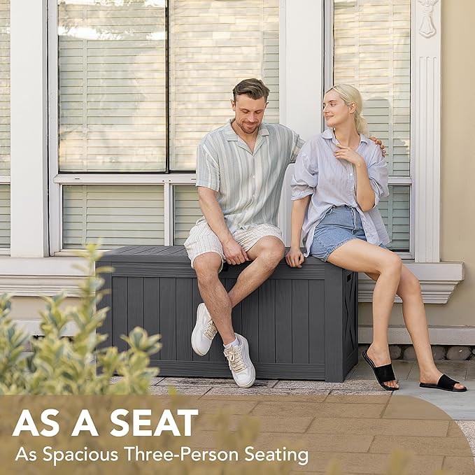 Devoko 120 Gallon Deck Box Resin Outdoor Storage Box Waterproof for Patio, Large Outdoor Storage Bench Lockable for Outside (Grey)