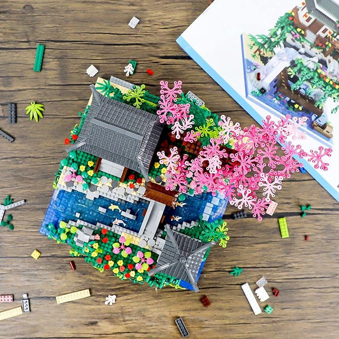 Peach Blossom Pond Micro Mini Building Blocks Set for Adults and Kids, Chinese Architecture Cherry Bonsai Gift Toys with String Lights, Japanese Flowers Tree House Micro Bricks (3320PCS)