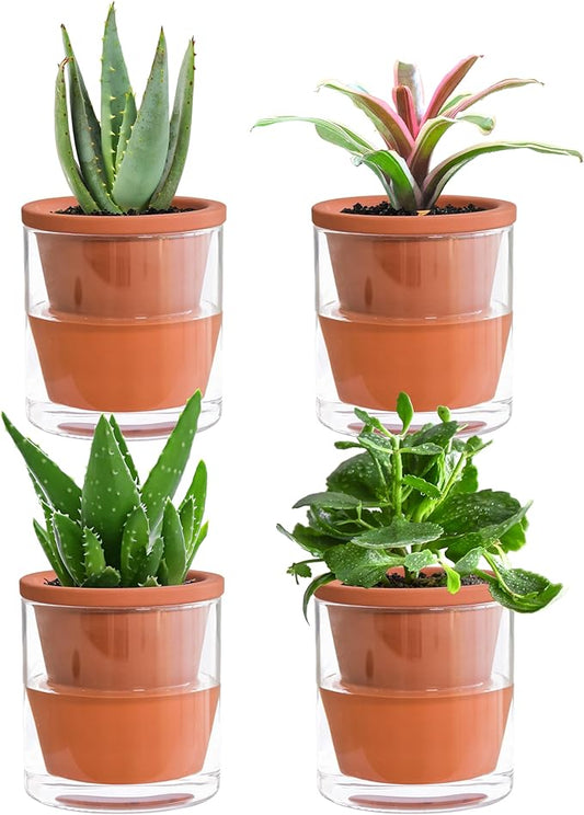 D'vine Dev 4 Inch Design Self Watering Planter for Indoor Plants, Terracotta Pot with Cylinder Glass Cup, Set of 4, 37-X-A-4