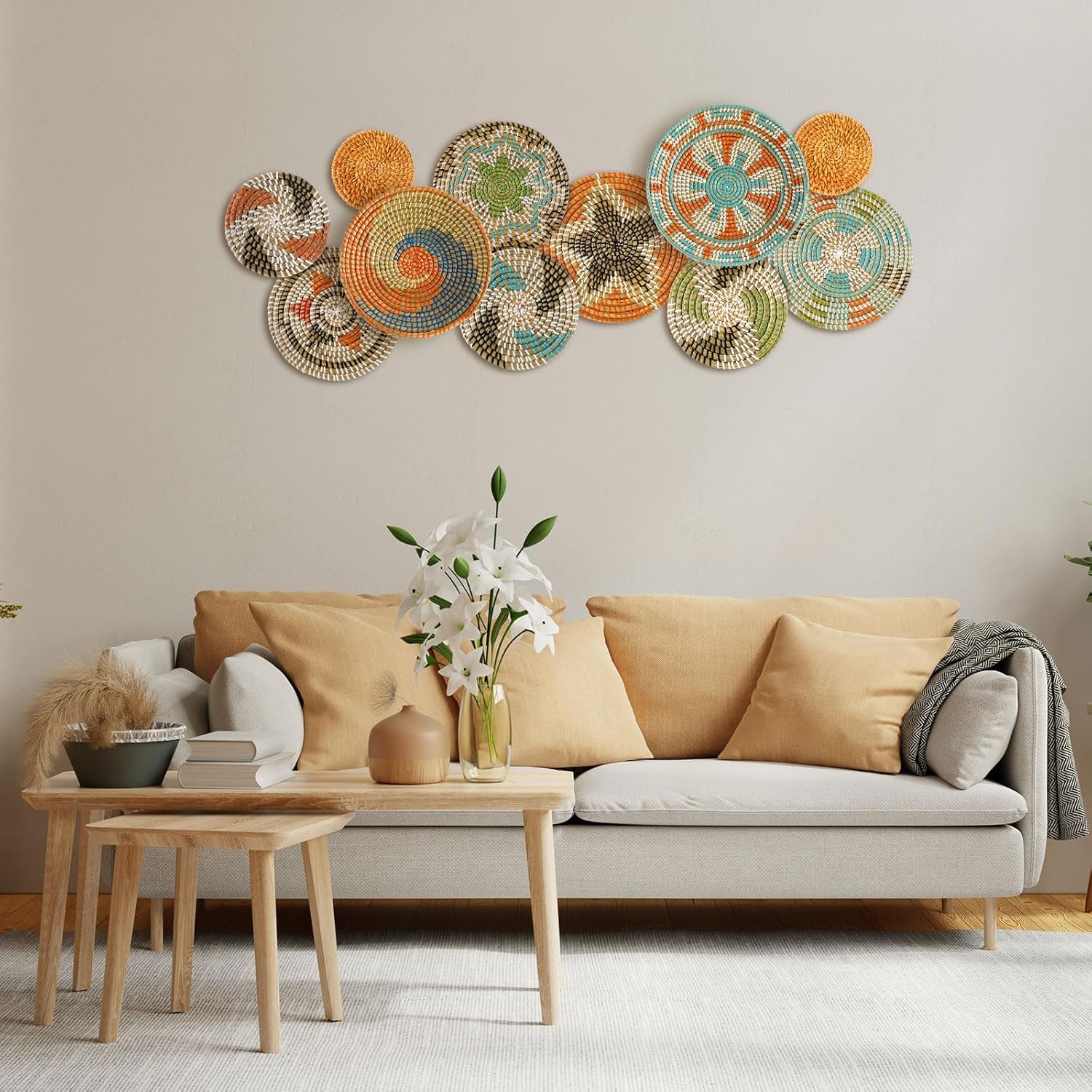 Tatuo 11 Pcs Boho Wall Basket Decor Decorative Bulrush Woven Basket Wall Decor Art Round Farmhouse Hanging Baskets for Kitchen Rustic Home Summer Decorations, Multi Sizes(Farmhouse)