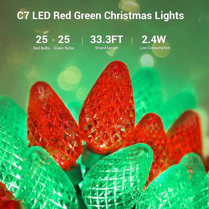 DEWENWILS C7 Red & Green Christmas Lights Outdoor, 33.3ft 50 LED String Lights, Waterproof Connectable Bulb Lights for House, Xmas Tree, Garden, Yard, Porch, Green Wire, UL Listed