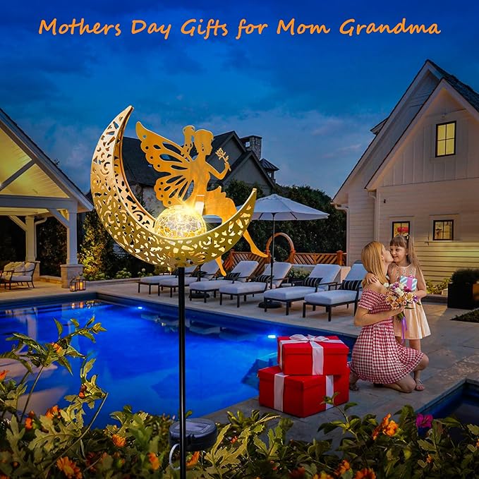 Fairy Moon Solar Lights Outdoor Garden Gifts for Women Yard Decorations Stakes Lights, Waterproof LED Outside Backard Decor, Lawn Patio Ornaments, Mothers Day Birthday Gifts for Mom (Gold,1Pack)
