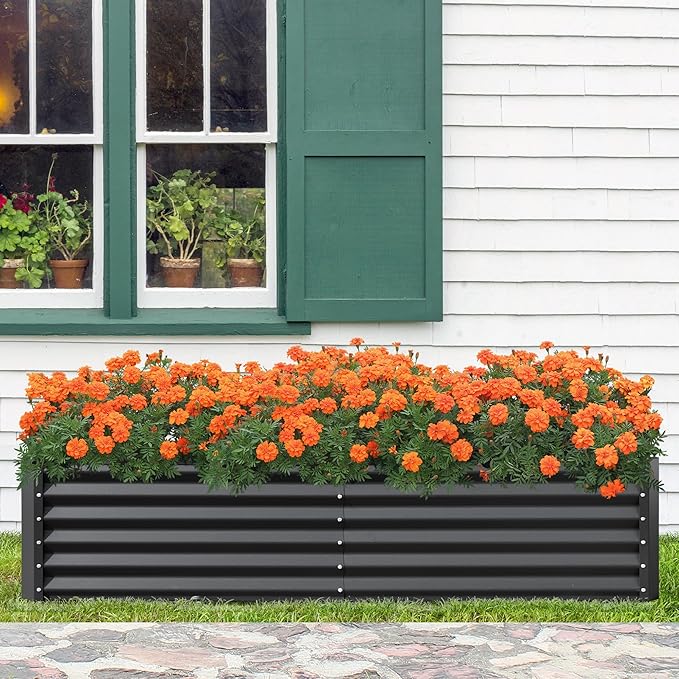 Domi Raised Garden Beds Outdoor, 8x4x1.5Ft Thickening Tall Metal Rectangular Deep Root Box Planter for Vegetables, Flowers, Herbs, and Succulents 1.5" Deep w/ 342 Gallon Capacity - Dark Gray