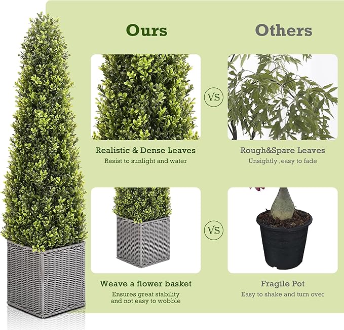 48 Inch Artificial Boxwood Outdoor Topiary Tree Set of 2, 4FT Potted Boxwood Tree Cone Topiary Artificial Plant Shrub for Front Porch Home Office Decor…