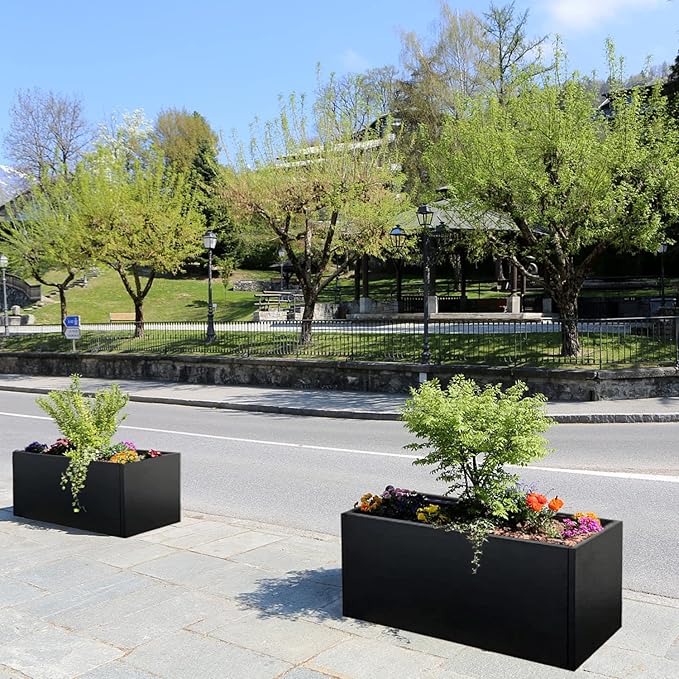 Galvanized Steel Metal Planter Rectangular Indoor Black Planter Box Large Outdoor Planters Steel 31.5" x 16" x 16" Commercial Residential for Patio, Deck, Garden