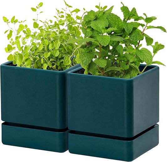 4 Inch Herb Planter Pot, Plastic Planter with Drainage Holes and Saucer, Modern Decorative Gardening Pot for Indoor Plants, Flowers, Herbs, Succulents, Green, Set of 2, 76-Y-C-2