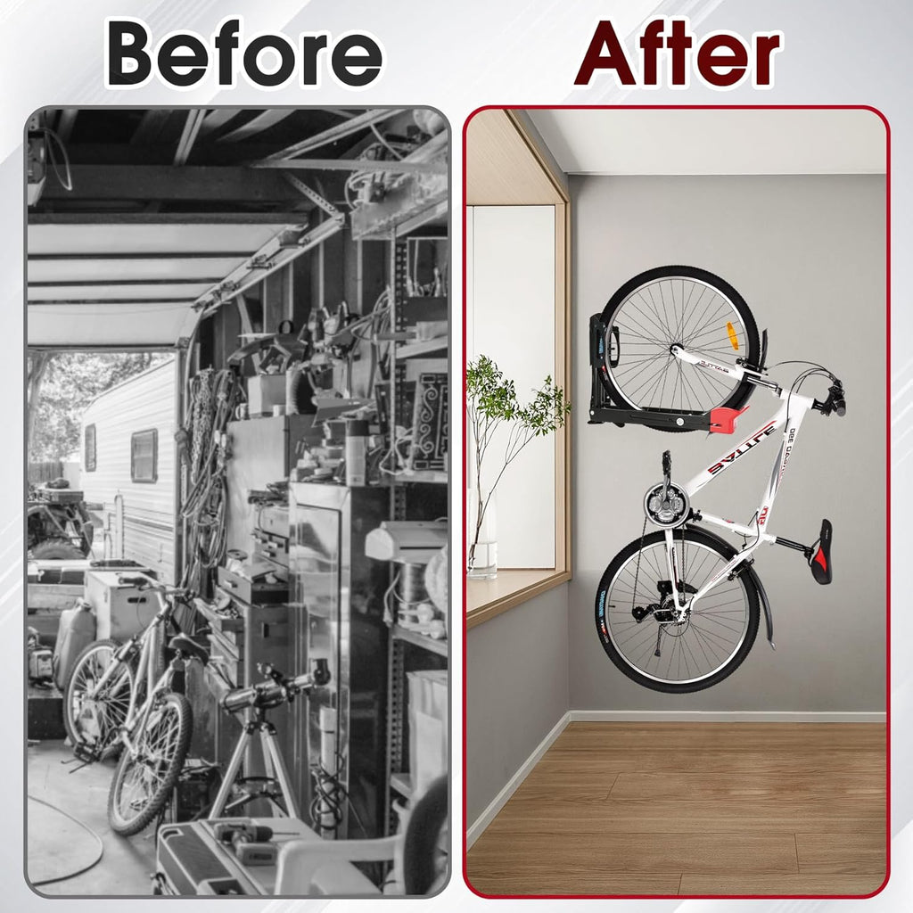 Bike Wall Mount Rack - Heavy-Duty Foldable Vertical Bicycle Storage with Hooks, Space Saving Wall-Mounted Organizer for Mountain/Road/Kids Bikes - Anti-Scratch & Tool-Free Install, Holds 70lbs