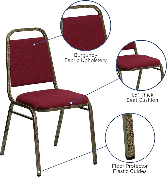 EMMA + OLIVER Trapezoidal Back Fabric Upholstered Stackable Banquet Chair, Multipurpose Stacking Chair with Padded Seat and Back, Burgundy/Gold