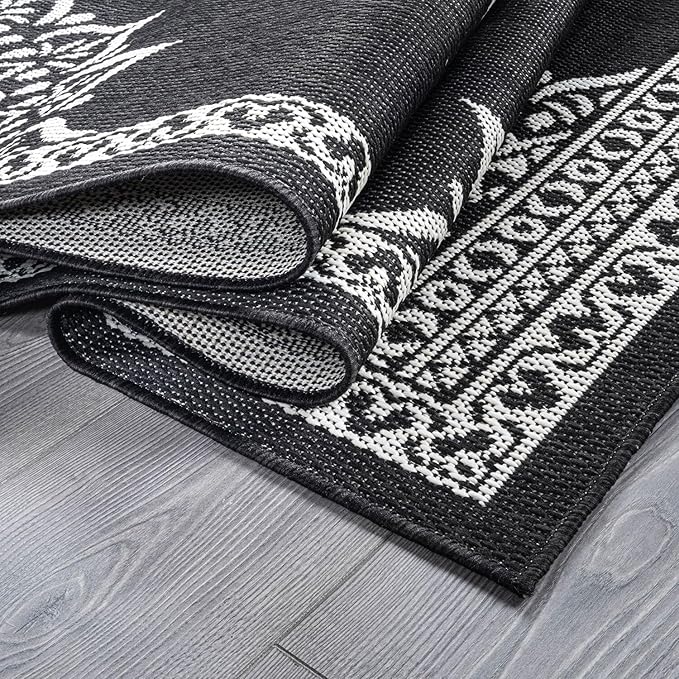CAMILSON Outdoor Rug, 9x12 Medallion Black White Modern Area Rugs for Large Indoor and Outdoor Patios, Kitchen and Hallway Mats, Washable Porch Deck Outside Carpet (Medallion Black, 9 x 12)