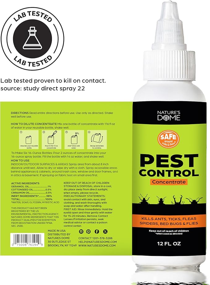 Nature's Dome 12 oz Pest Control Concentrate – Makes 1 Gallon – Eco-Friendly, Plant-Based Formula for Ant, Roach, Spider, Fly, Flea & Insect Control – Child & Pet Safe for Indoor/Outdoor Use