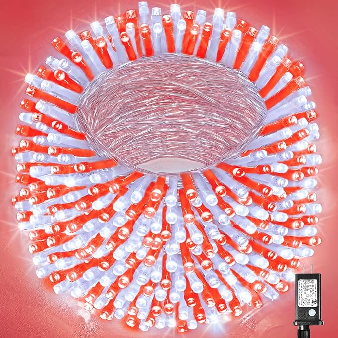 500 LED Christmas String Lights - 165ft Outdoor Waterproof Twinkle Fairy Lights, 8 Modes Plug-in With Timer Memory for Indoor Outside Bedroom Home Party Decoration, Red & White