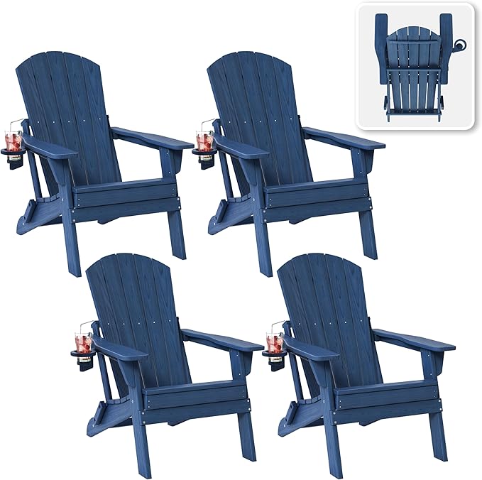 Folding Adirondack Chair Set of 4 with Cup Holder, HDPE All Weather Resistant Plastic Outdoor Patio Chairs, Heavy Duty Fire Pit Seating for Backyard Lawn Garden, Wooden Textured Design(Navy Blue)