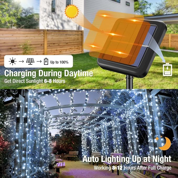 btfarm Solar String Lights Outdoor, 120LED 39Ft Solar Christmas Lights Outside Waterproof, 8 Modes Green Wire Solar Powered Tree Twinkle Light for Garden Yard Patio Party Decoration,Cool White