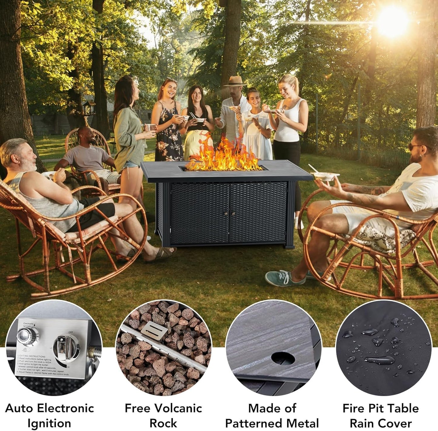 52 Inch Propane Fire Pit Table, 50000BTU Outdoor Gas Fire Pits Rectangular with Rain Cover, Sturdy Steel and Iron Fence Surface, CSA Safety Certified, Companion for Outside Patio Deck Garden
