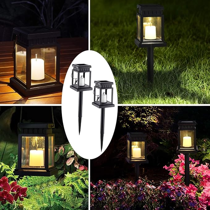 GIGALUMI Solar Lanterns Outdoor Waterproof, 4 Pack Hanging Solar Lanterns for Outside, Candle Effect Outdoor Lights for Pathway, Garden, Patio, Lawn, Porch, Gazebo, Tent, Tree, Yard(Constant Lights)